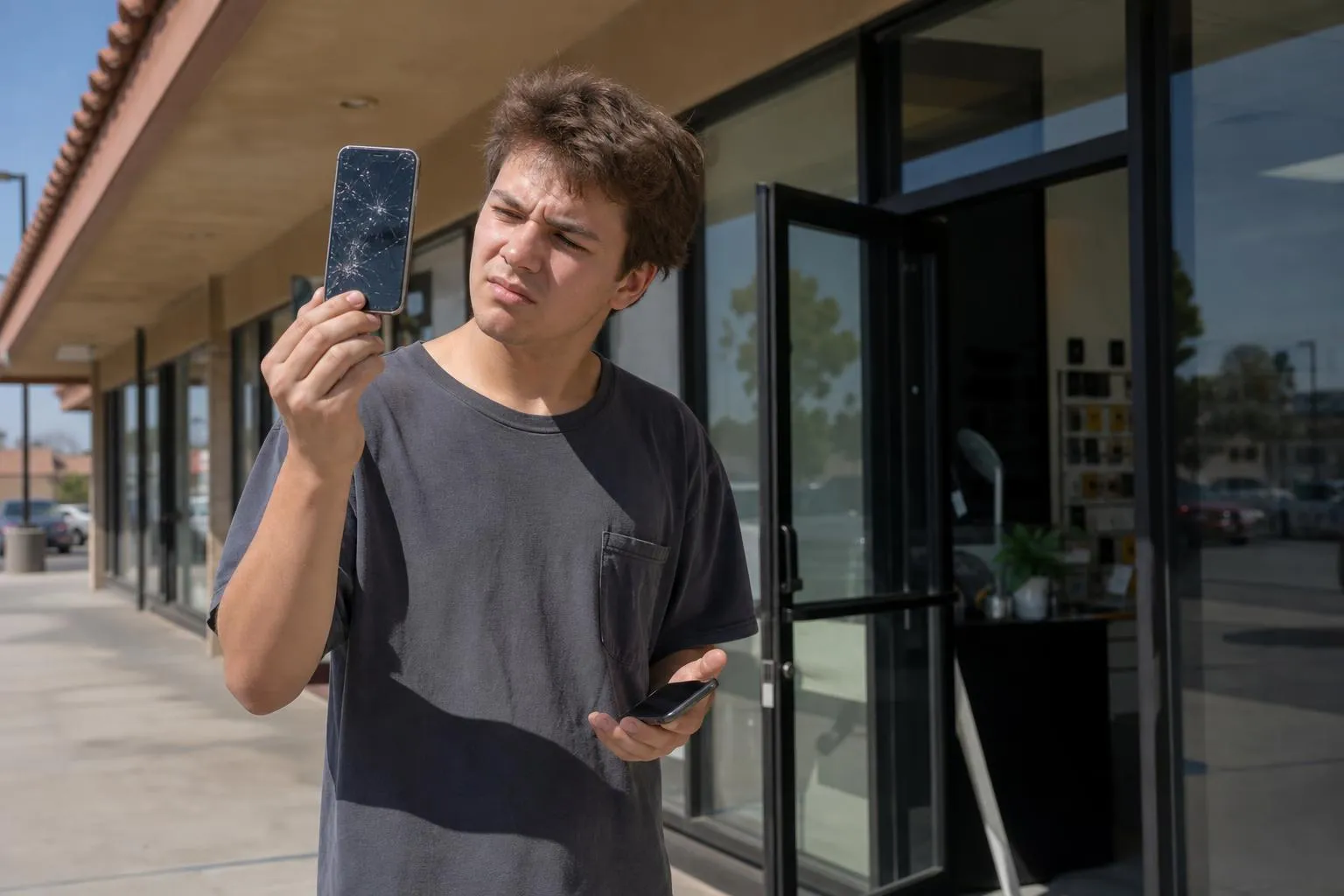 A young customer holds a cracked phone up to the light outside a small repair shop storefront, glancing at their other phone's screen, in natural afternoon light.
