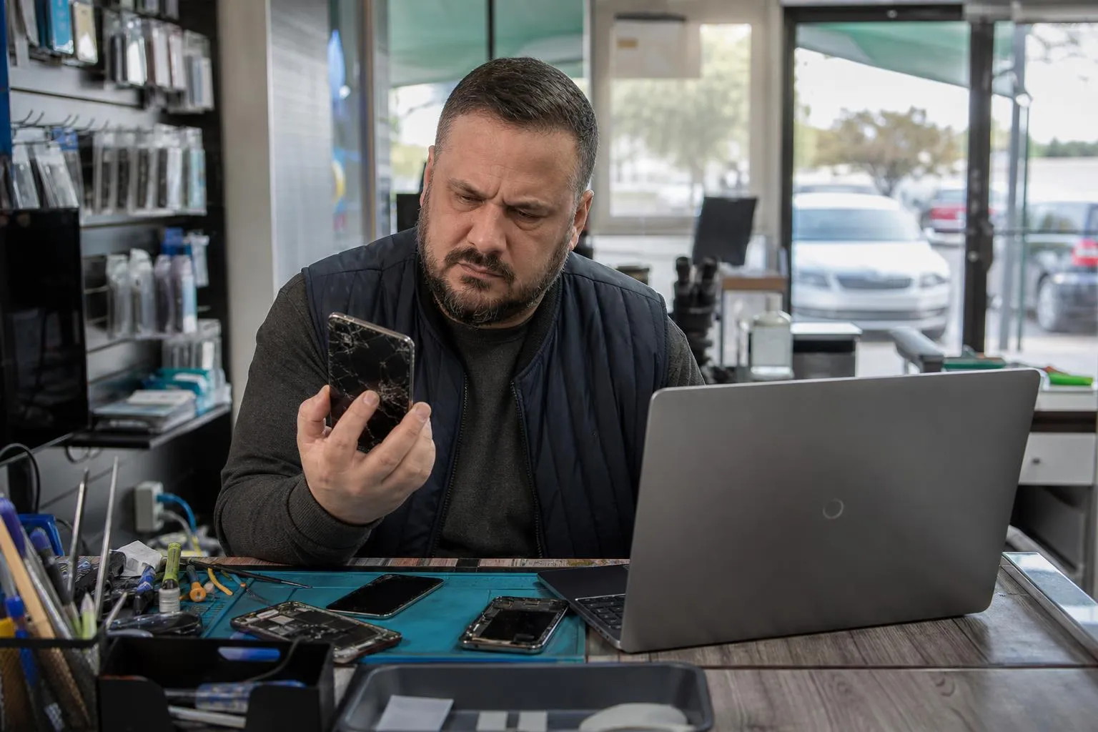A repair shop owner squints at a cracked phone screen mirrored against a slow-loading laptop on the counter, in a natural documentary style.