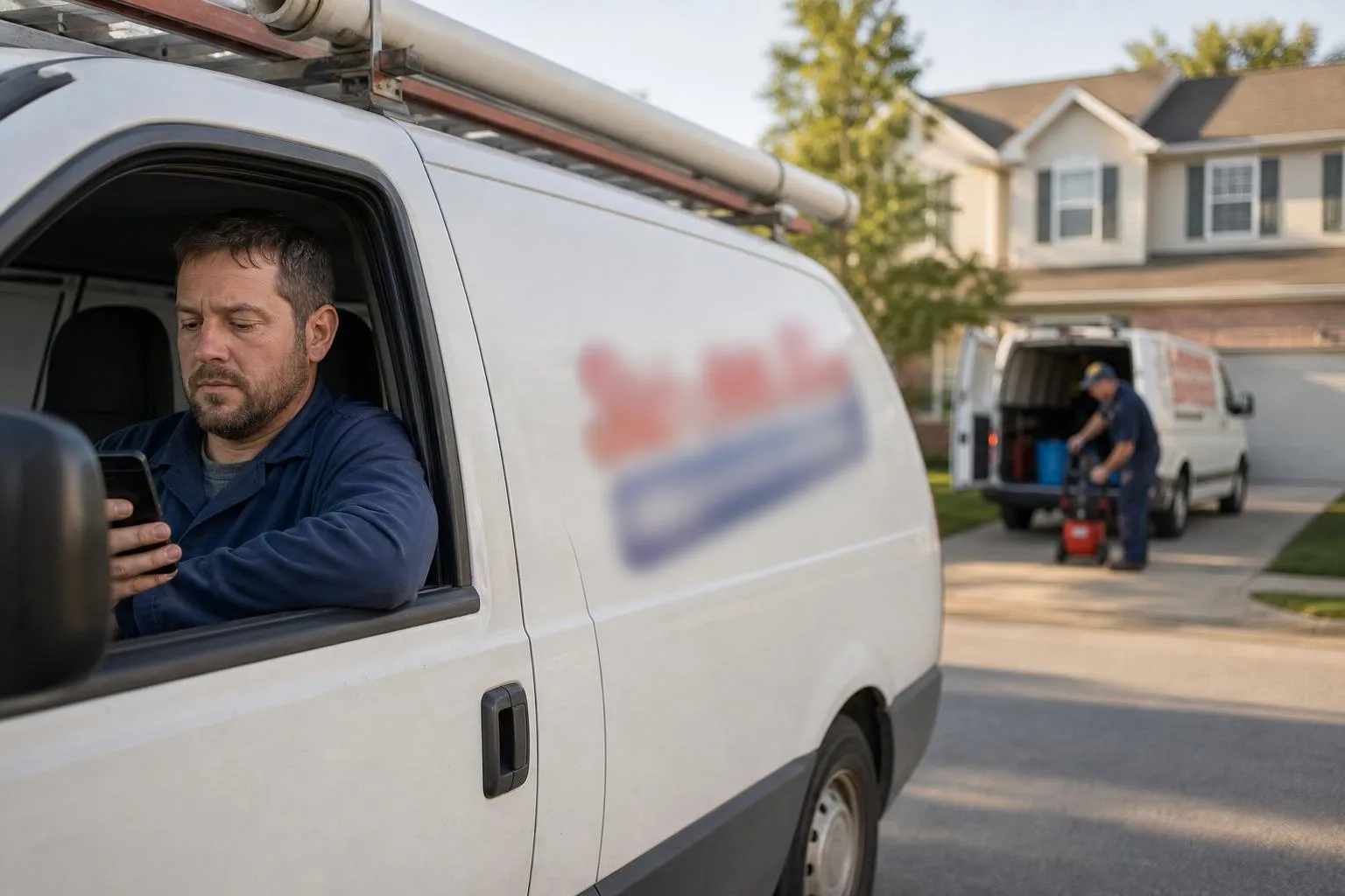 A plumber sits in his parked work van on a suburban street checking his phone while a competitor's van works a job across the road, in a natural documentary style.