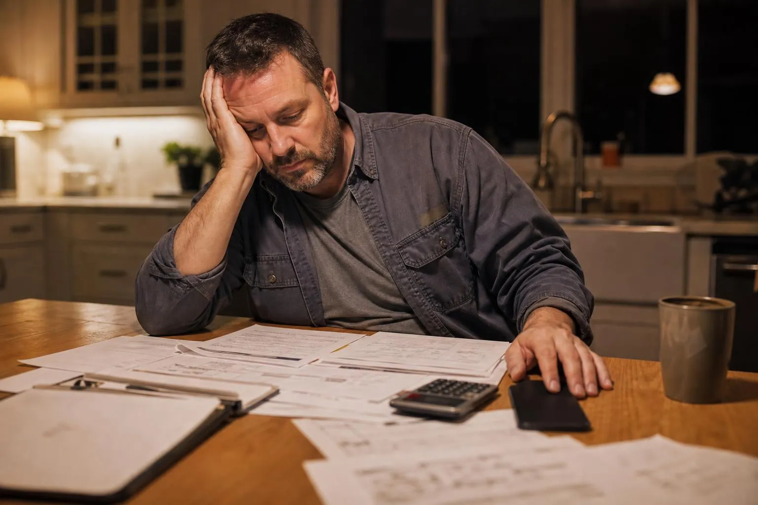 A plumbing company owner sitting in his work van at dusk, typing an email on a laptop beside a half-finished paper quote.