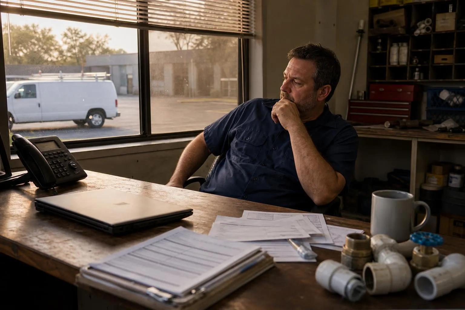 A plumbing business owner sits at his shop desk at the end of the day beside a phone that is not ringing, in a natural documentary style.