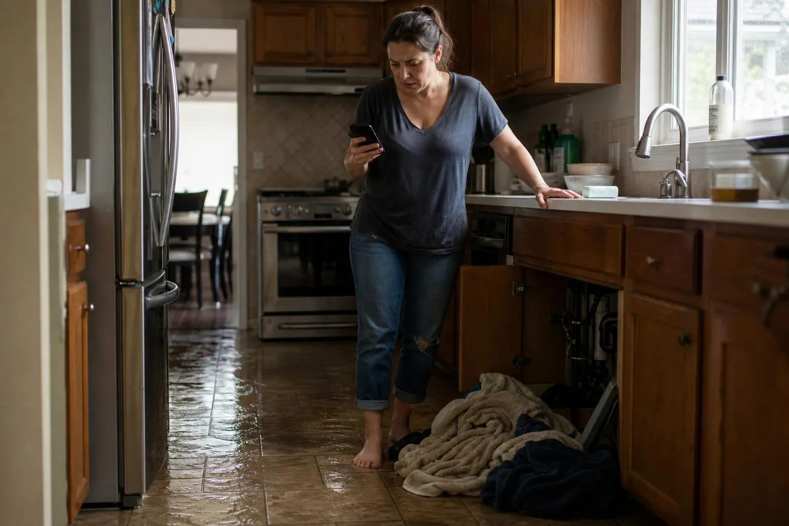 A homeowner stands at an overflowing kitchen sink holding a phone in one wet hand, photographed in a natural documentary style.