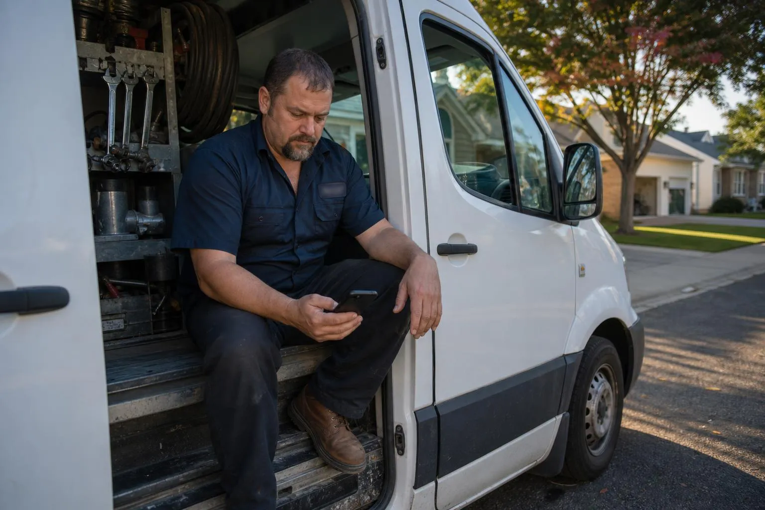 A plumber sits in his parked work van between jobs, checking his phone on a quiet suburban street in late afternoon light.