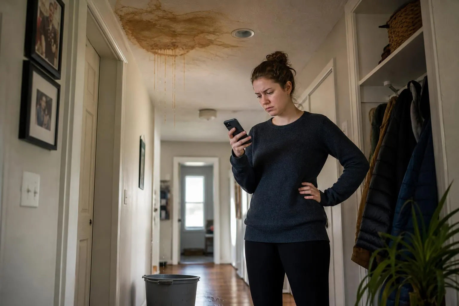 A plumber in work clothes checks his phone beside his service van in a suburban driveway, waiting for a page to load, in natural documentary light.