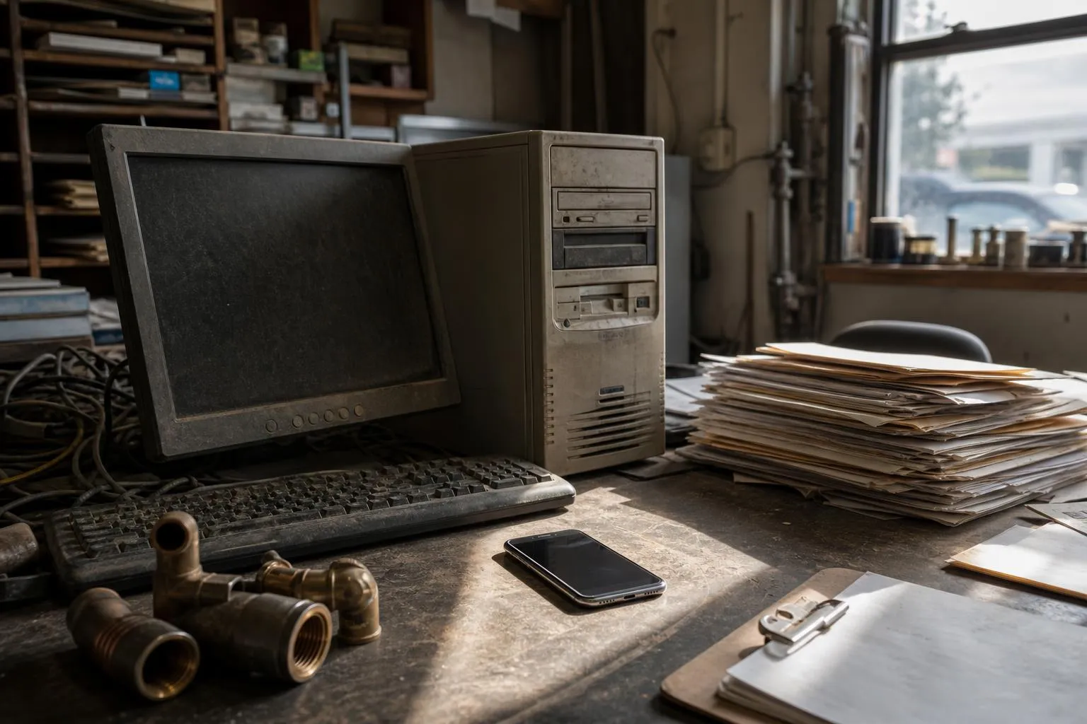 A plumber sitting in his parked work van compares a slow-loading page on his phone while an aging laptop rests on the passenger seat, in a natural documentary style.