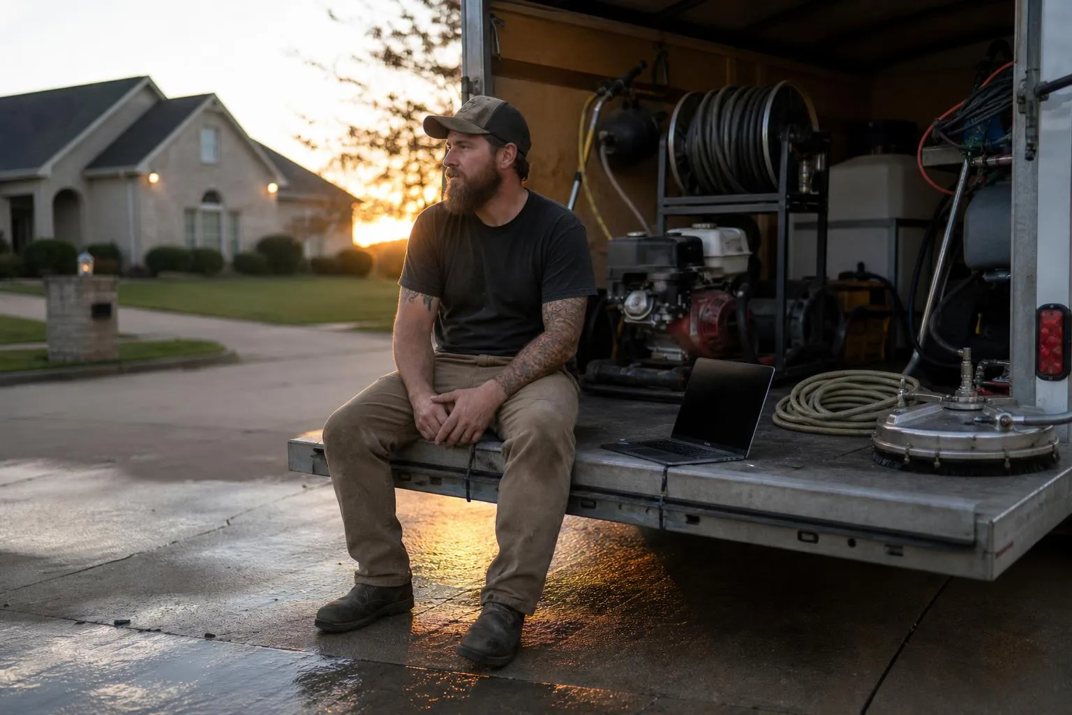 A pressure washing business owner sitting on his trailer's tailgate at dusk, checking a laptop beside a coiled hose and a surface cleaner.