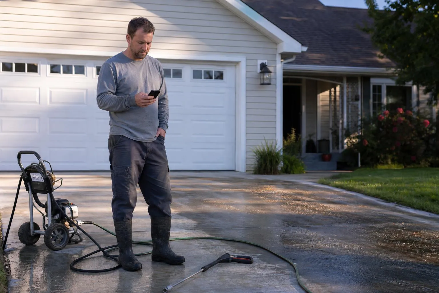 A person stands on a driveway looking at a phone with a pressure washer parked nearby, natural daylight, documentary style.