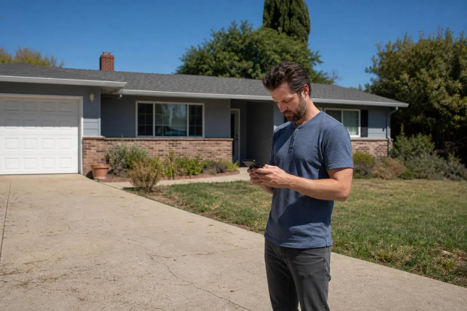A homeowner stands on a driveway comparing pressure washing company websites on a phone, a faded concrete surface visible in the background, in bright midday light.