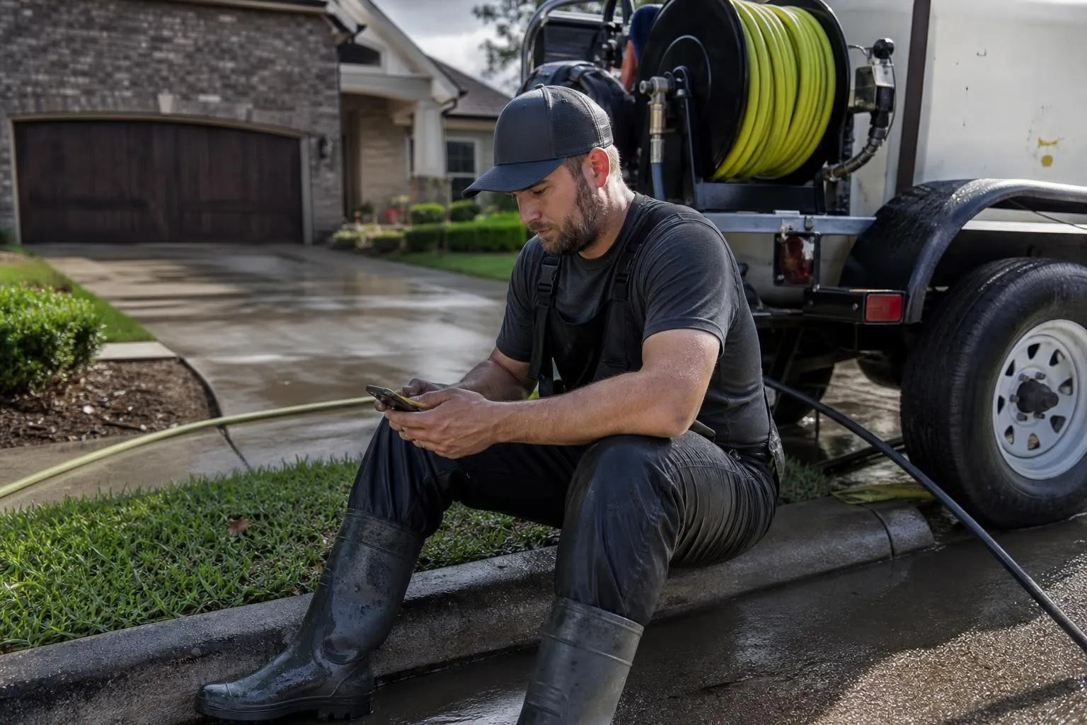 A pressure washing operator sits on the curb next to his rig checking a slow-loading website on his phone after finishing a driveway job, in a natural documentary style.