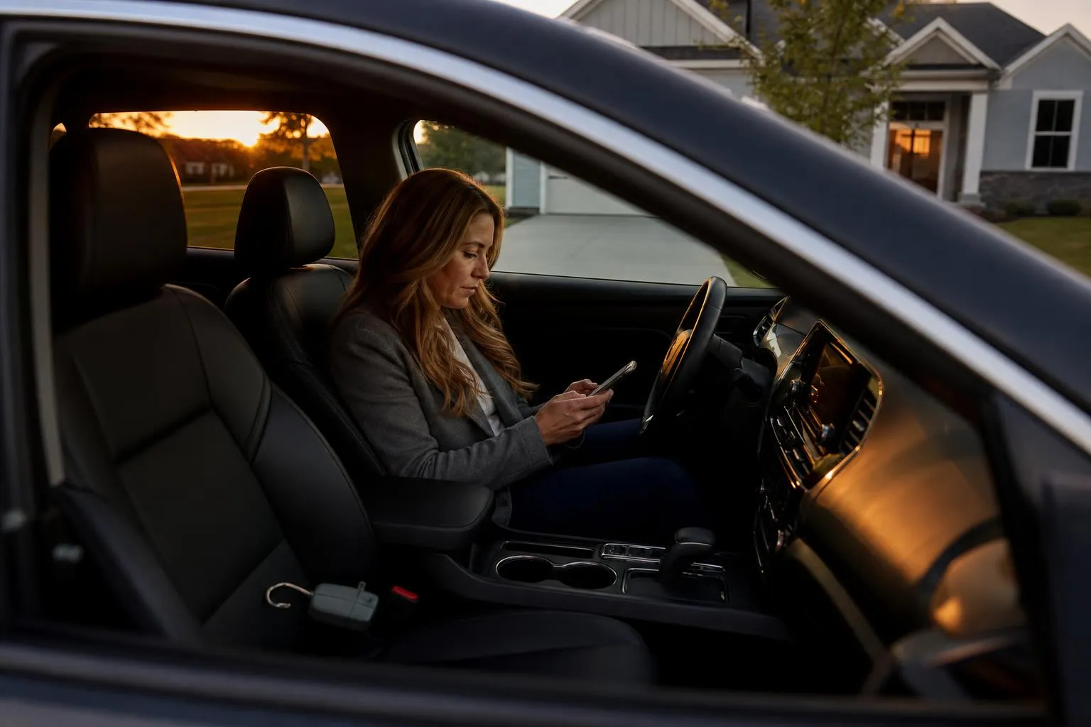 A real estate agent sitting in her parked car outside a listing at dusk, scrolling her phone with a lockbox key in hand.