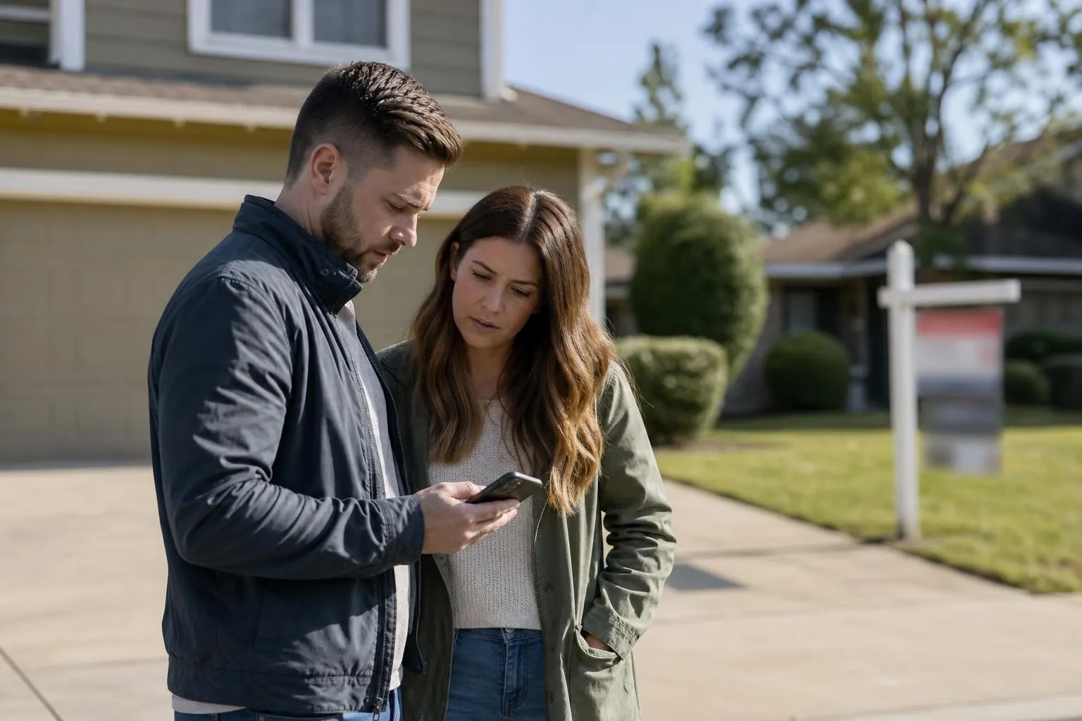 A person stands in a driveway looking at a phone with a for-sale sign softly visible in the background, photographed in a natural documentary style.