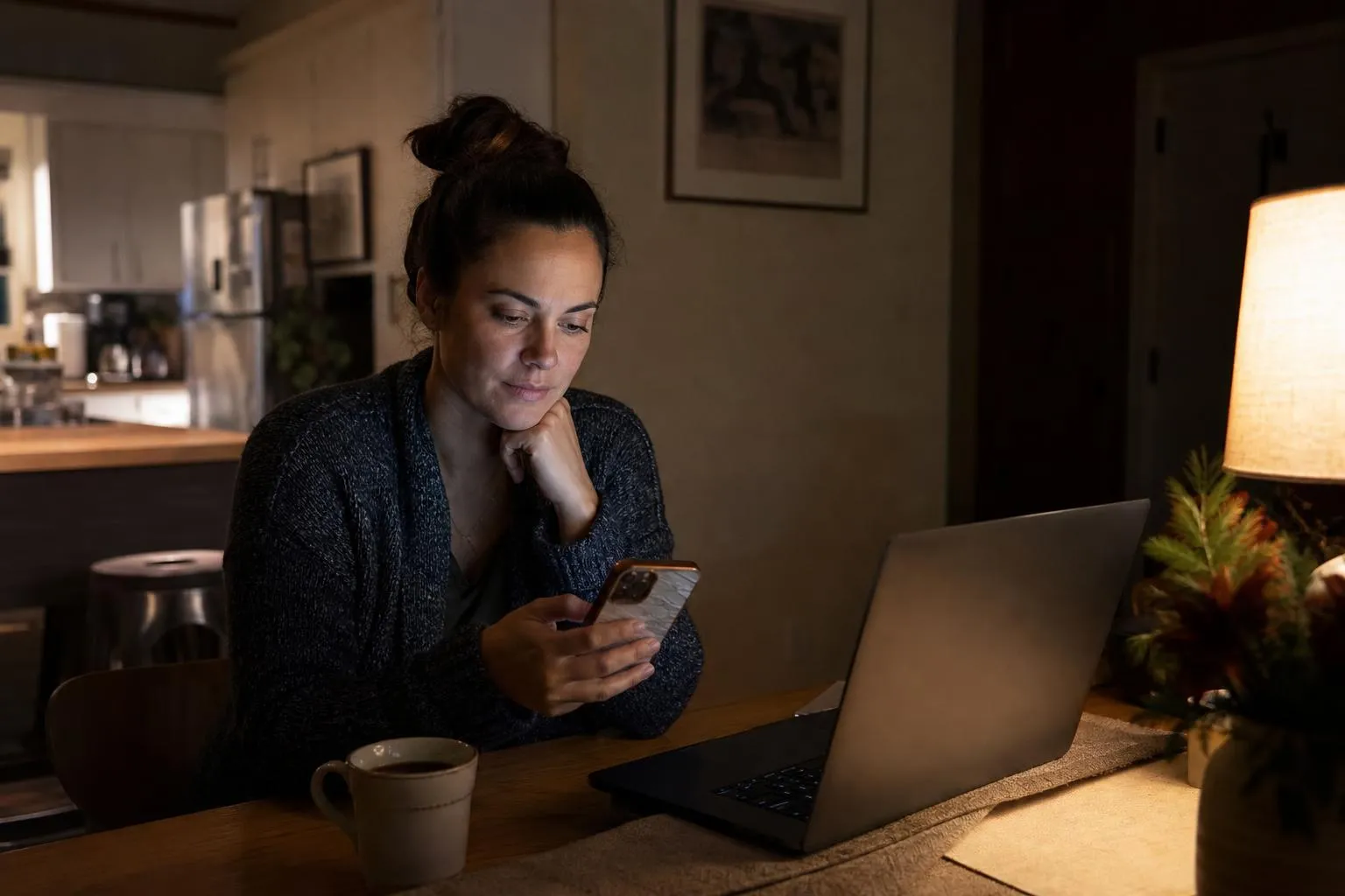 A woman sits at her kitchen table late at night with a laptop and a cup of tea, scrolling home listings on her phone before bed.