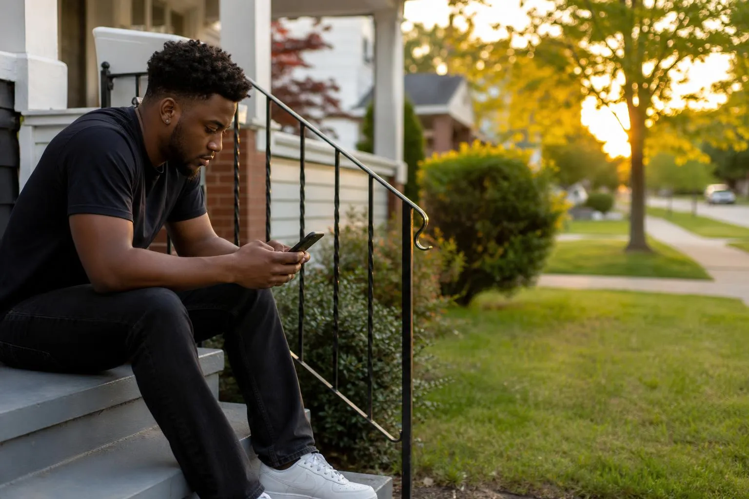 A person sits on a porch step scrolling a phone with a for-sale-style yard in soft focus behind them, waiting for a page to load, in warm evening light.