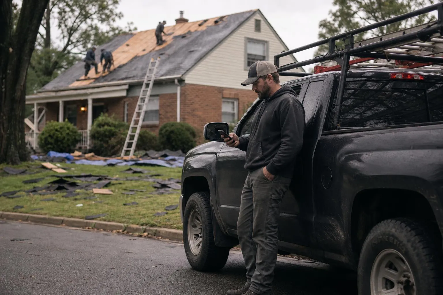 A roofer stands beside his truck on a suburban street checking his phone after a storm while a competing crew works a roof across the street, in a natural documentary style.