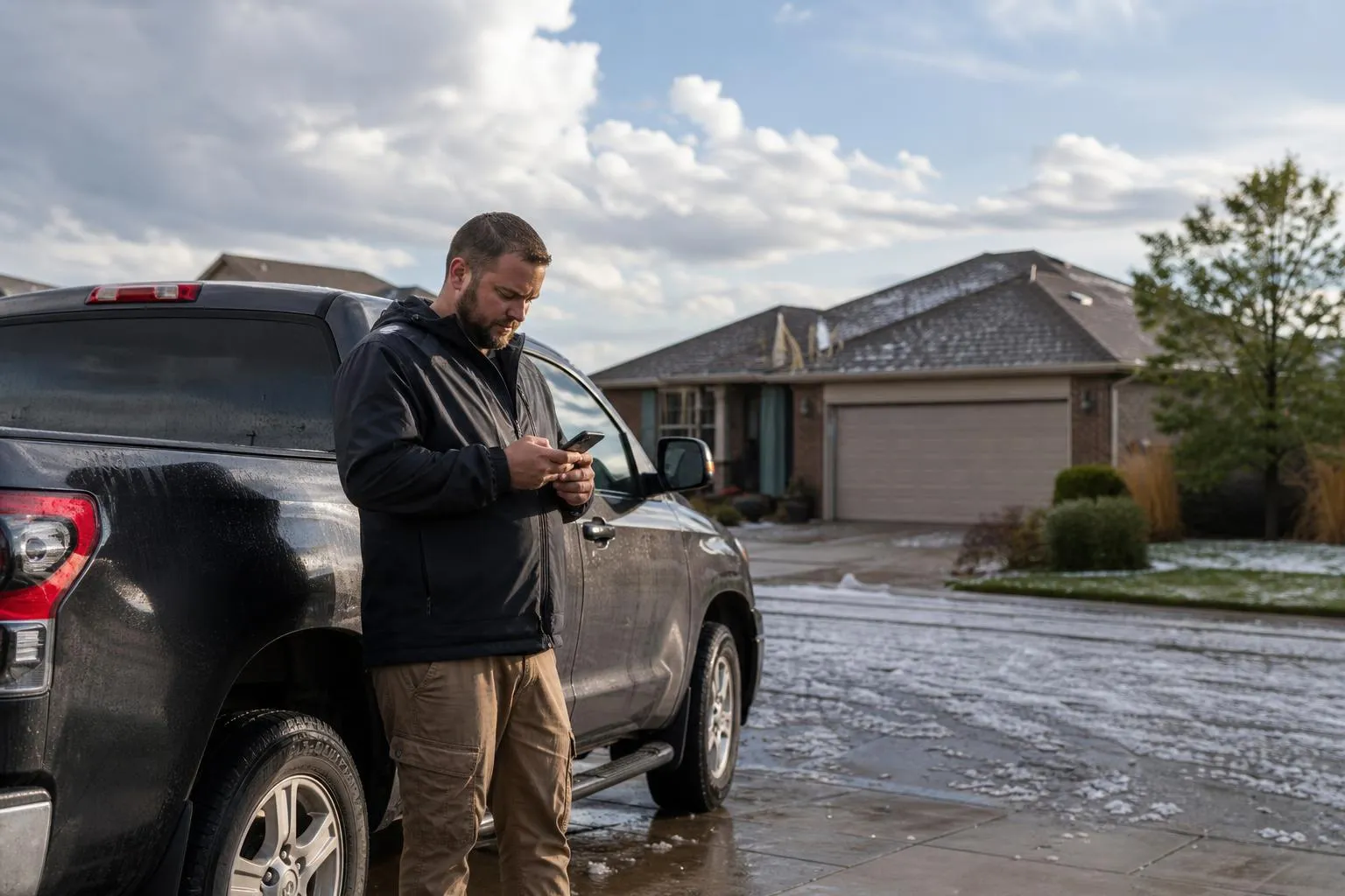 A roofing contractor stands beside his pickup truck in a driveway after a storm, checking a phone that is not ringing, in a natural documentary style.