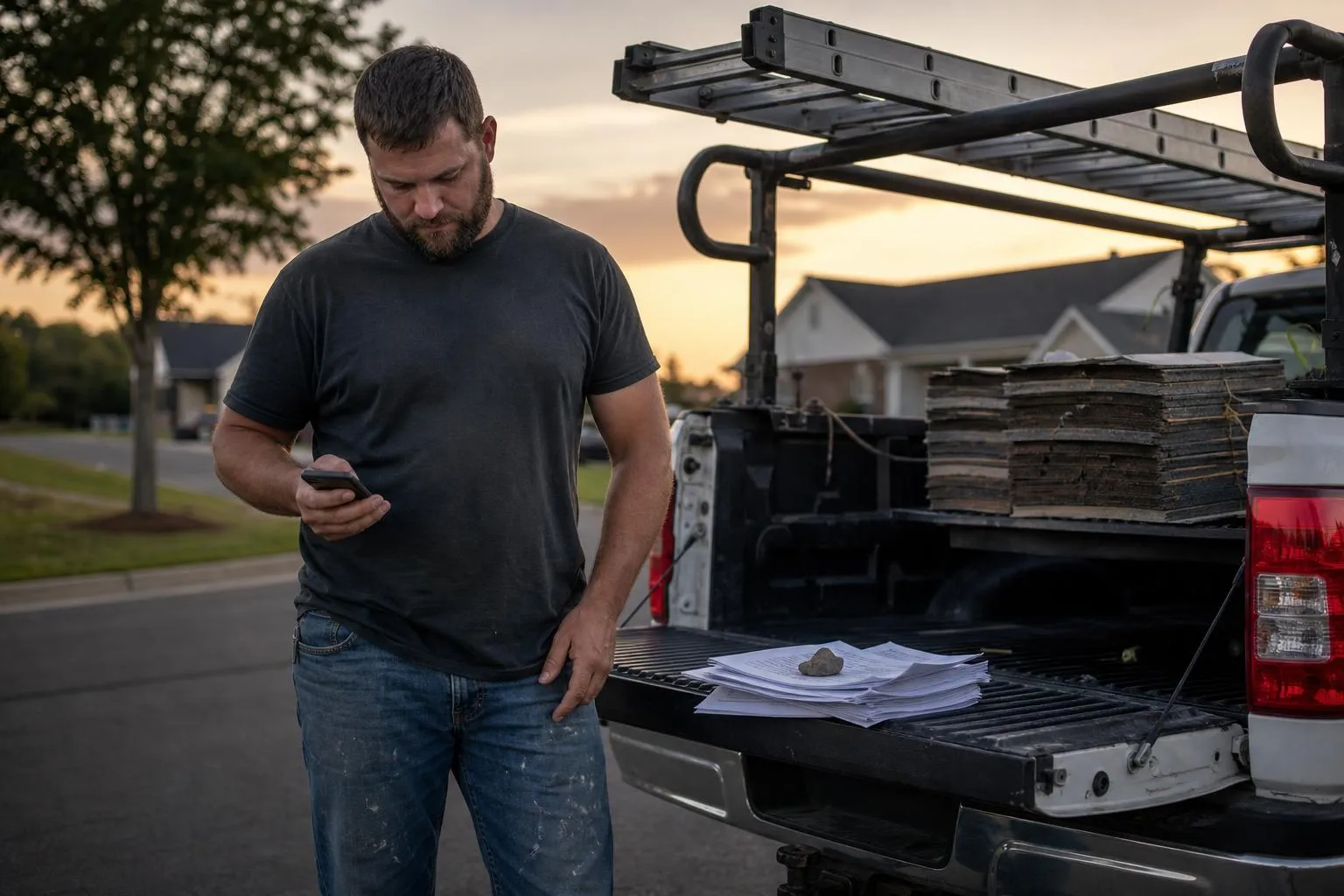 A roofing contractor standing beside his pickup truck at dusk, checking his phone beside a stack of paper estimates on the open tailgate.