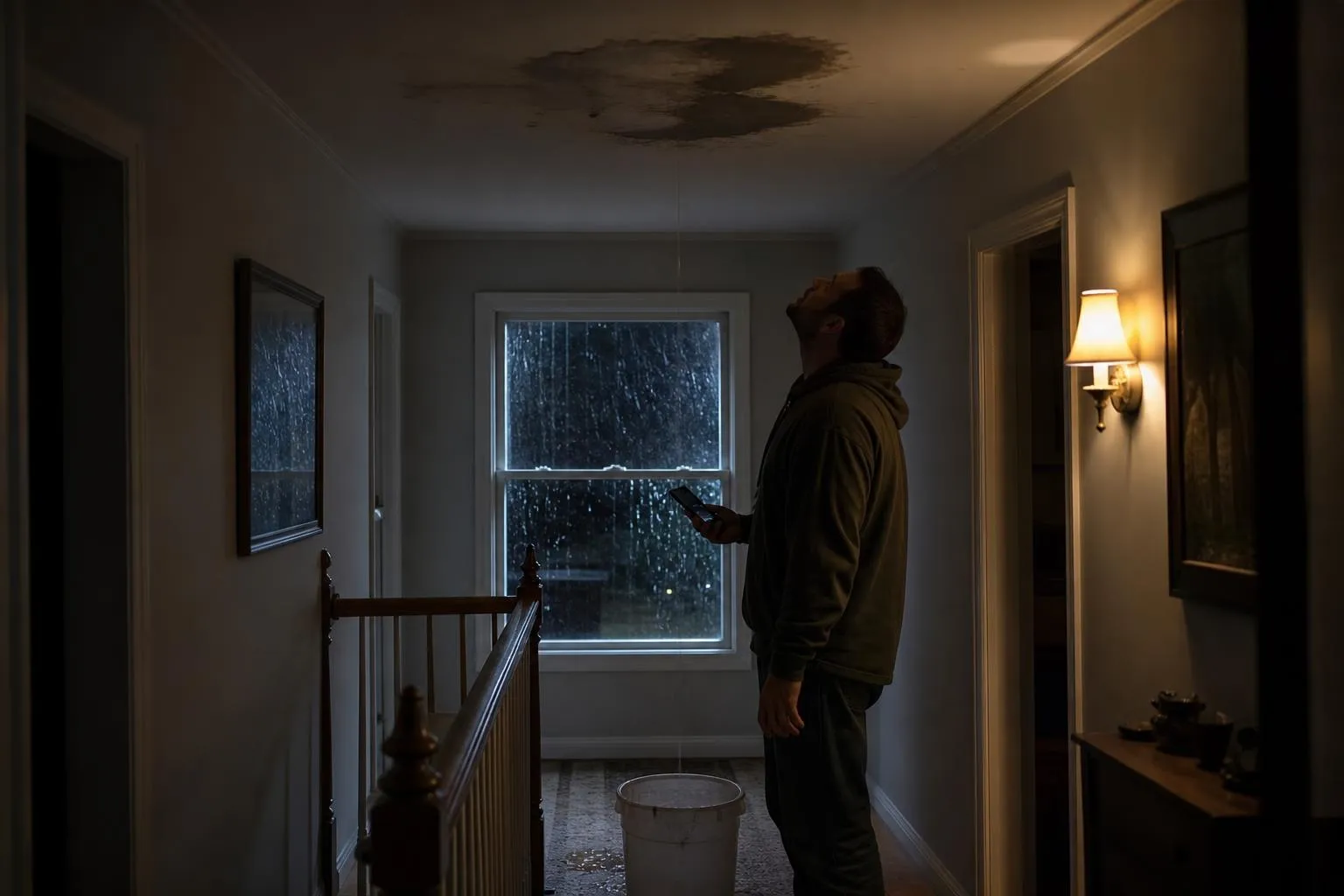 A homeowner stands alone in a dim hallway at night holding a phone, looking up at a spreading water stain on the ceiling as rain streaks a window behind him, photographed in a natural documentary style.