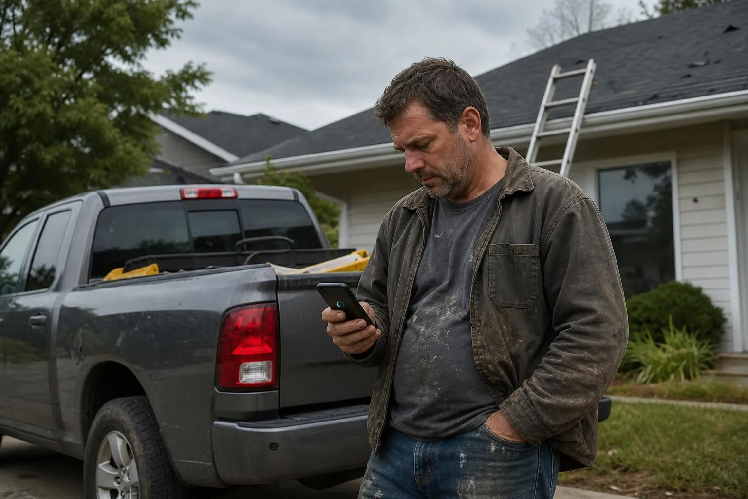 A roofer in weathered work clothes checks his phone at the tailgate of his truck in a driveway, a ladder leaned against the roofline behind him, waiting for a page to load, in natural documentary light.