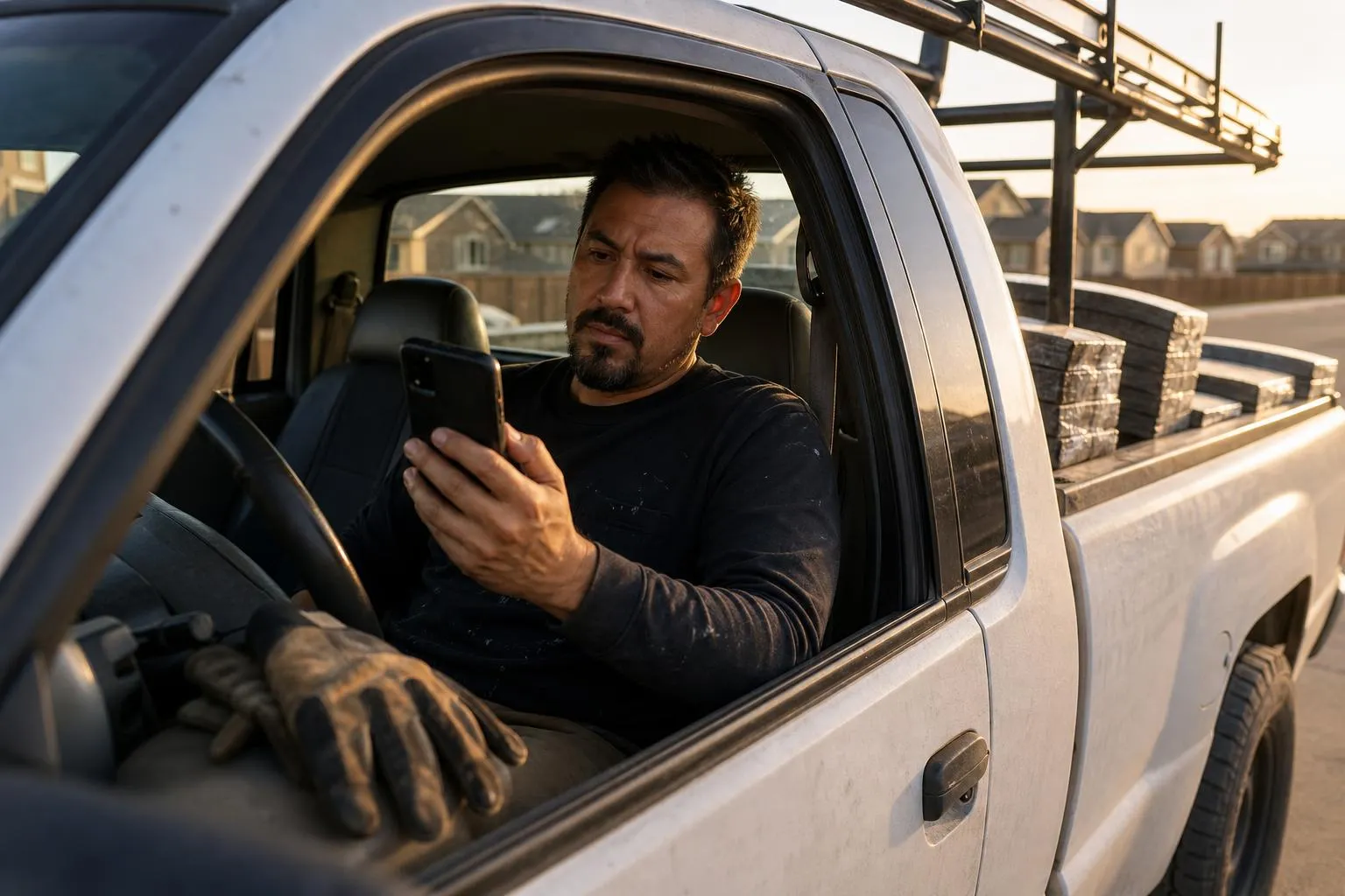 A roofer sitting in his parked pickup truck compares a slow-loading website on his phone while a ladder rack and bundles of shingles sit visible through the back window, in a natural documentary style.