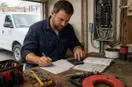 An electrician working out a rate card and a customer invoice at a workbench, in a natural documentary style.