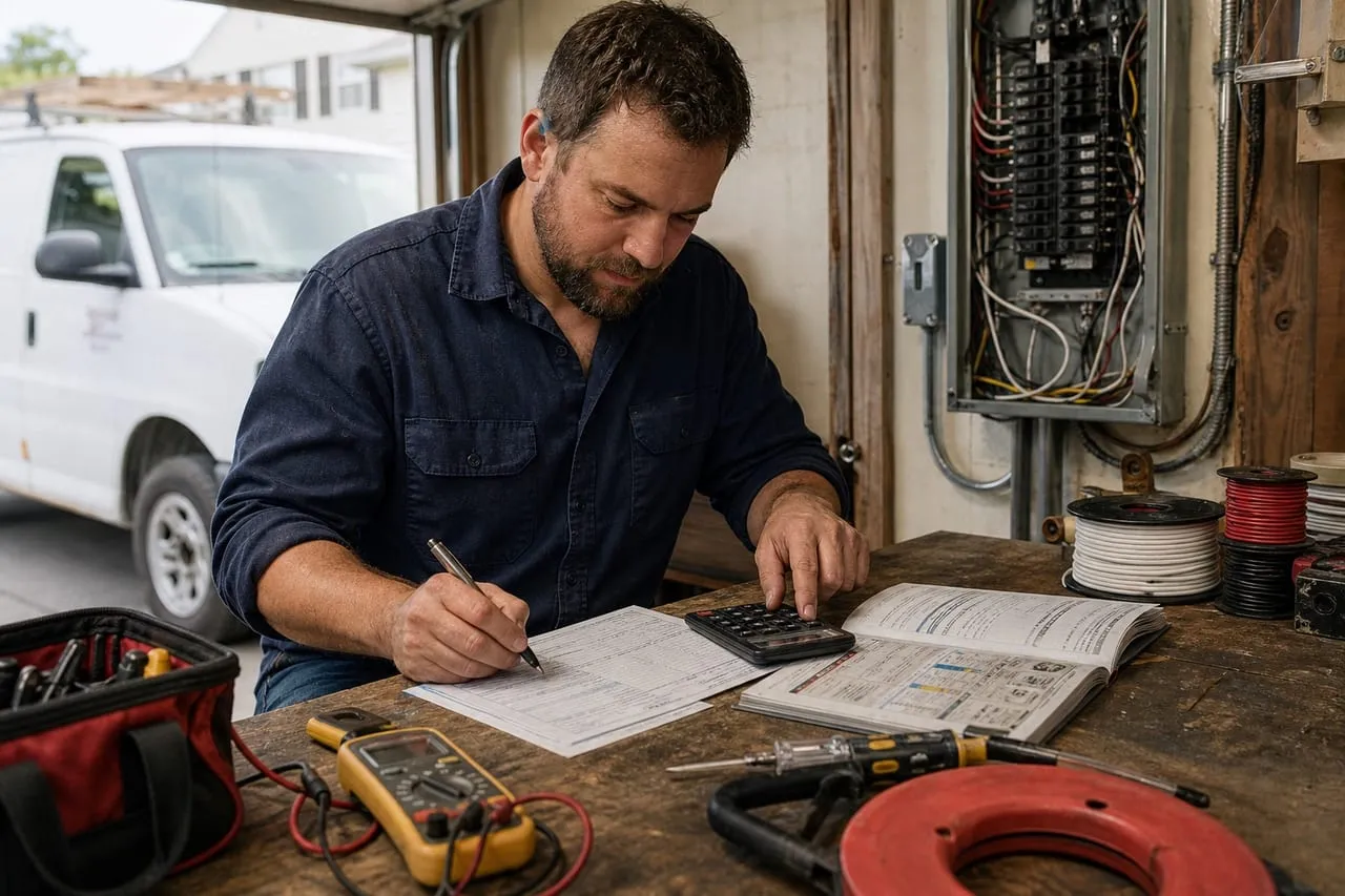 An electrician working out a rate card and a customer invoice at a workbench, in a natural documentary style.