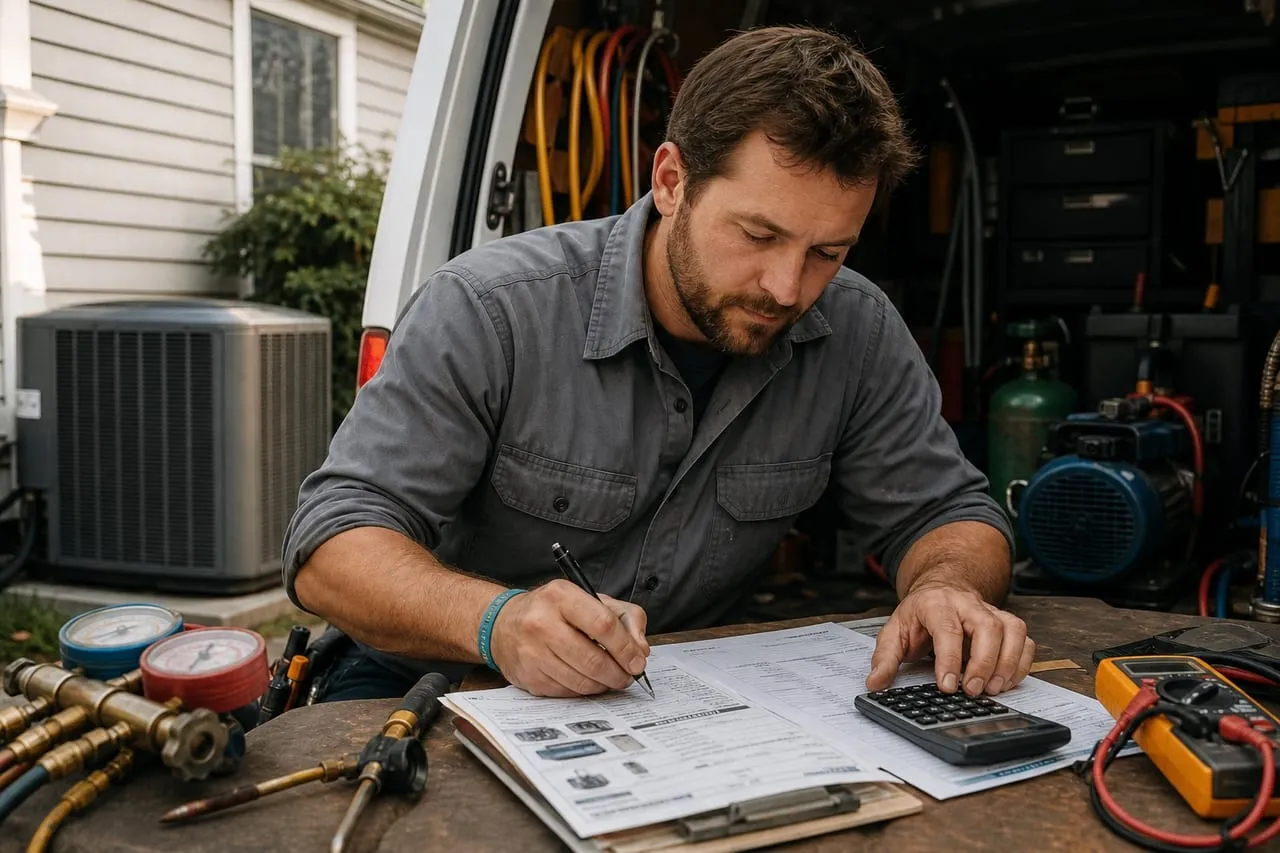 An HVAC technician working out a rate card and a customer invoice at a workbench, in a natural documentary style.