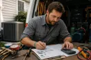 An HVAC technician working out a rate card and a customer invoice at a workbench, in a natural documentary style.