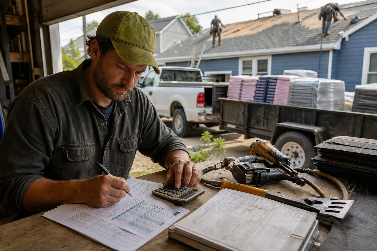 A roofing contractor working out a rate card and a customer invoice at a workbench, in a natural documentary style.