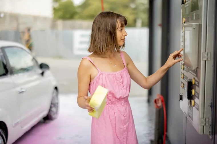 A mobile car detailer washing a car in a residential driveway with buckets and a pressure washer, in a natural documentary style.