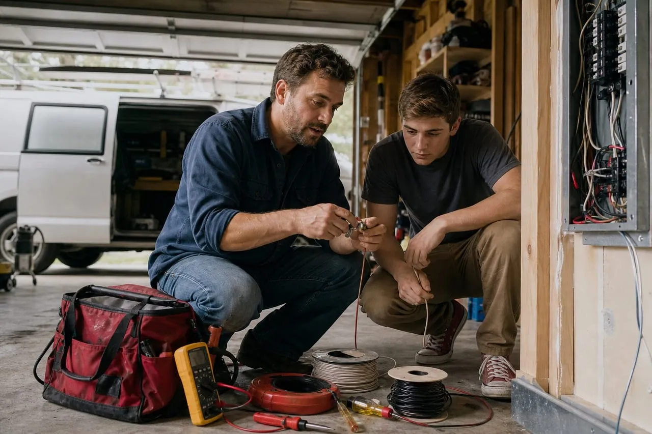 An electrician showing a new hire a tool technique up close, in a natural documentary style.
