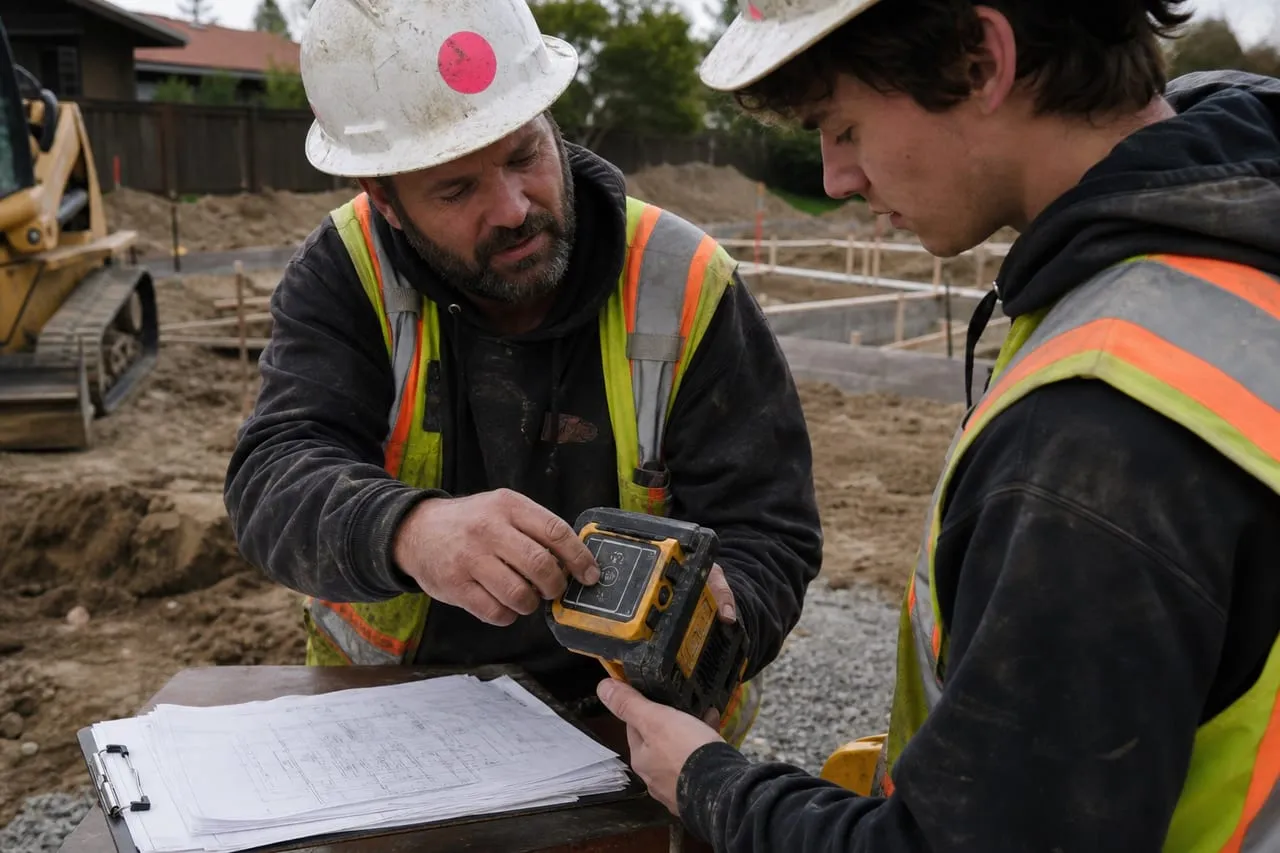 A site contractor showing a new hire a tool technique up close, in a natural documentary style.