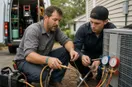 An HVAC technician showing a new hire a tool technique up close, in a natural documentary style.