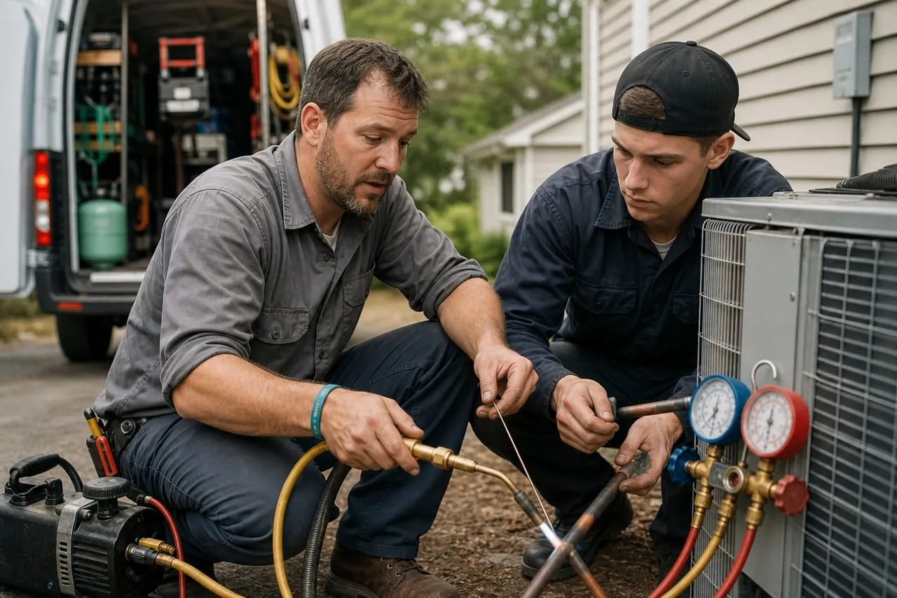 An HVAC technician showing a new hire a tool technique up close, in a natural documentary style.