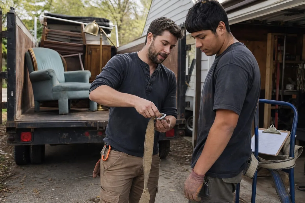 A junk removal operator showing a new hire a tool technique up close, in a natural documentary style.