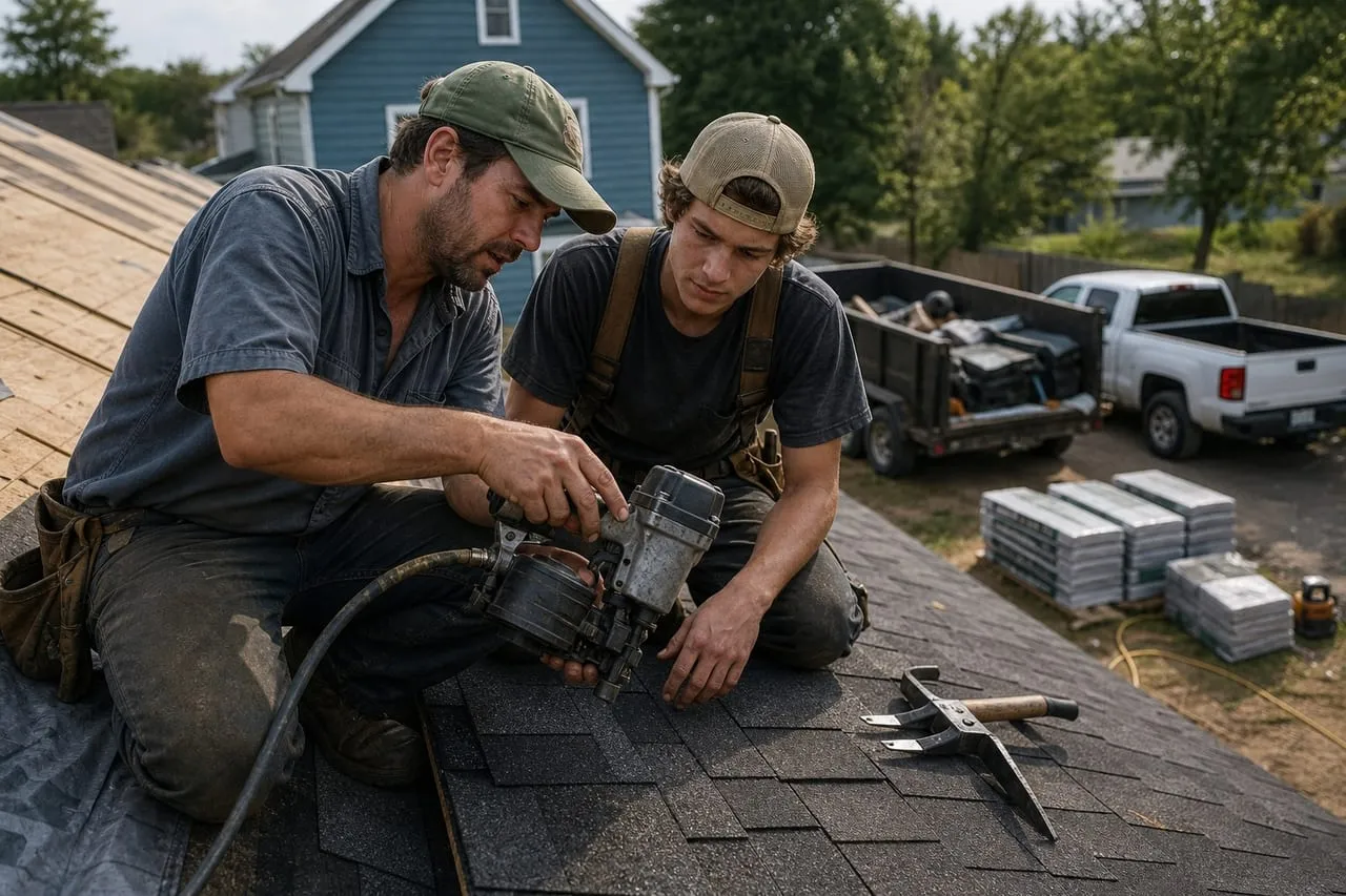 A roofing contractor showing a new hire a tool technique up close, in a natural documentary style.