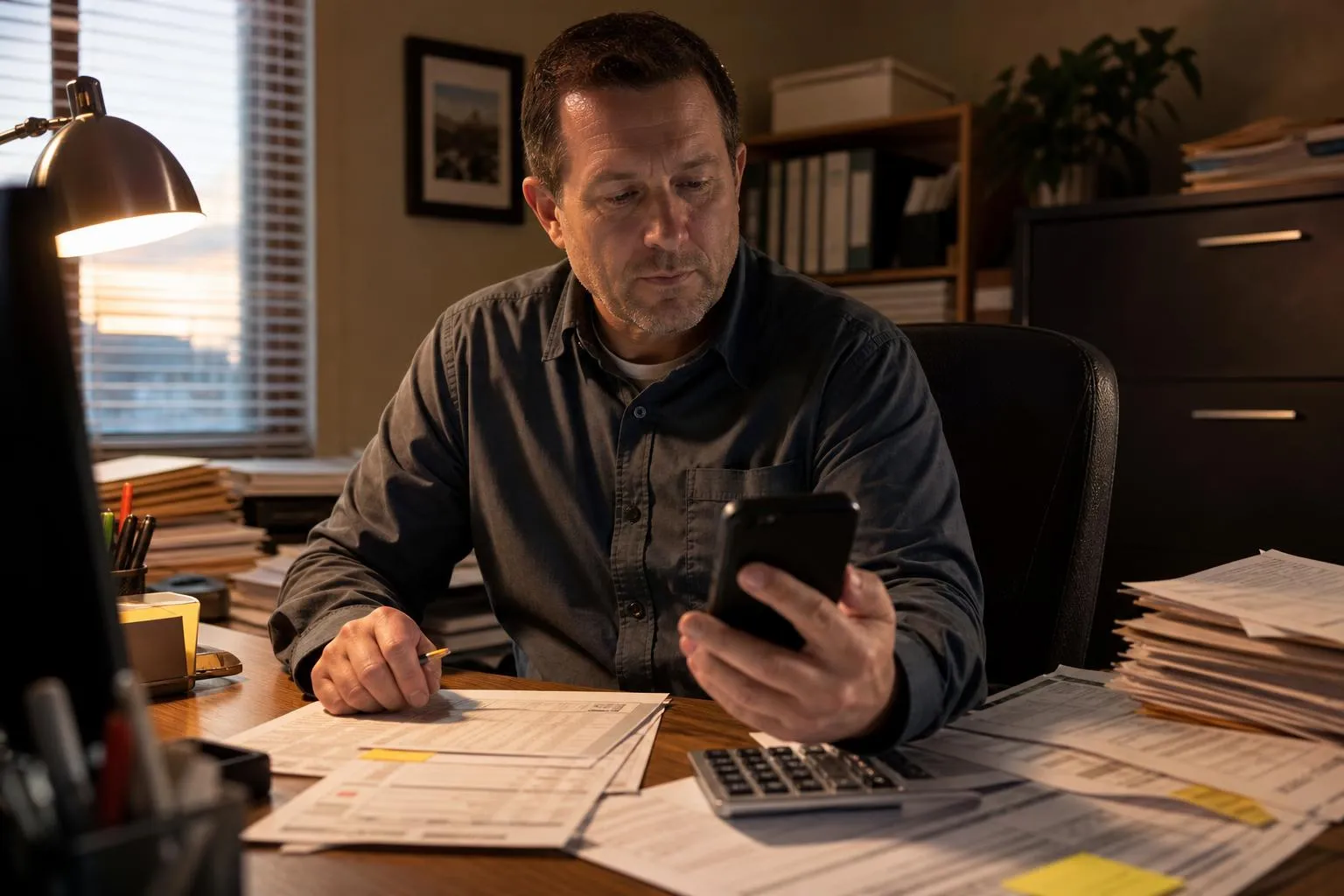 An accountant sits at a desk with tax documents spread out, checking a phone for a new client inquiry as afternoon light comes through the office window.