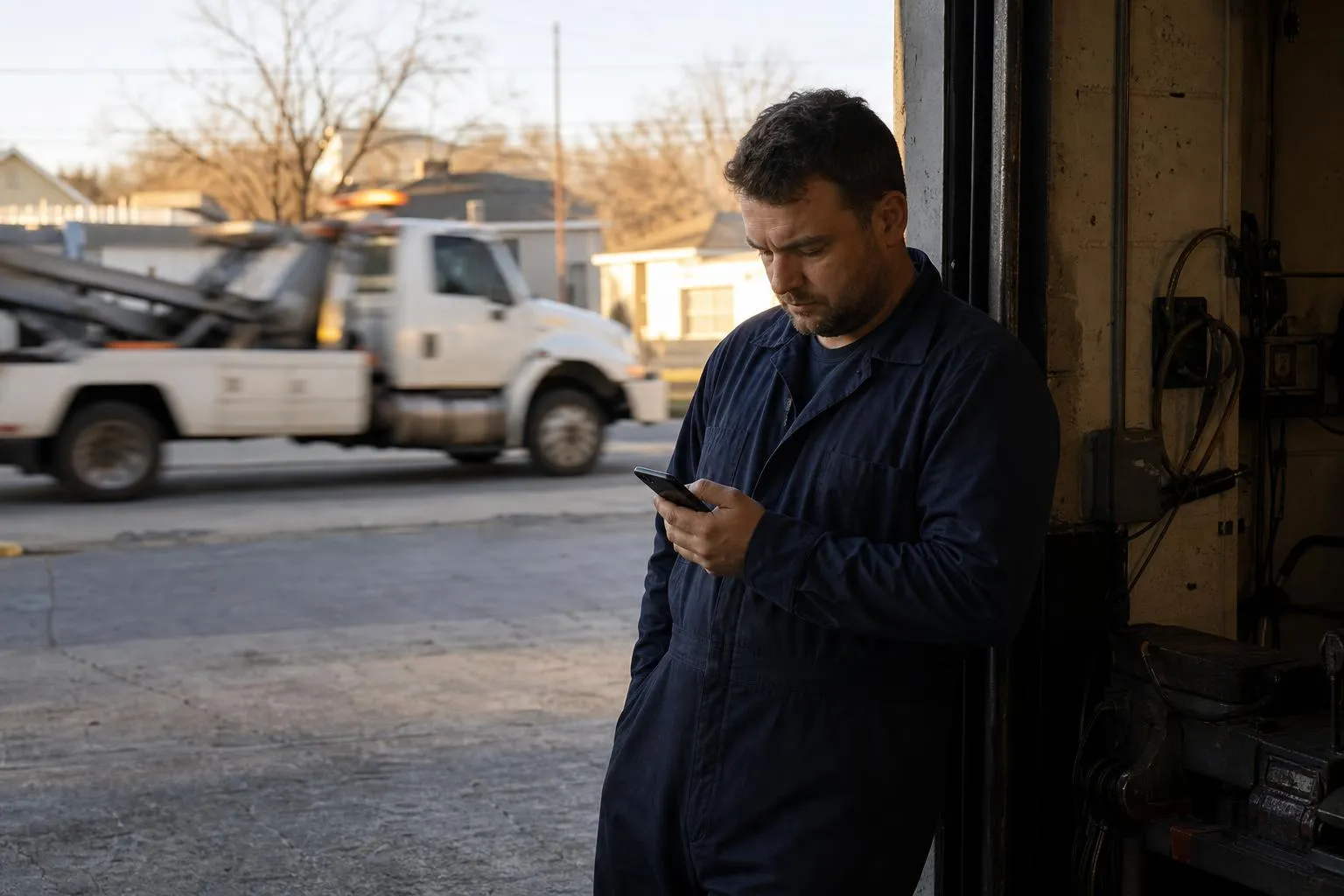 A mechanic stands at the open bay door of his repair shop on an American street, checking his phone while a competitor's tow truck passes behind him.