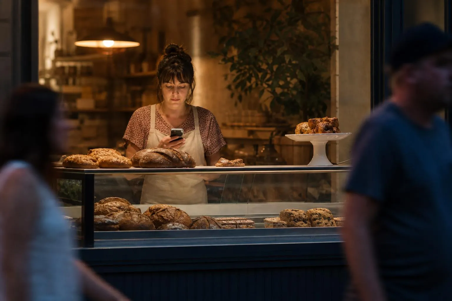 A baker stands behind the display case of a small shop in the evening, checking her phone as customers pass the window outside.