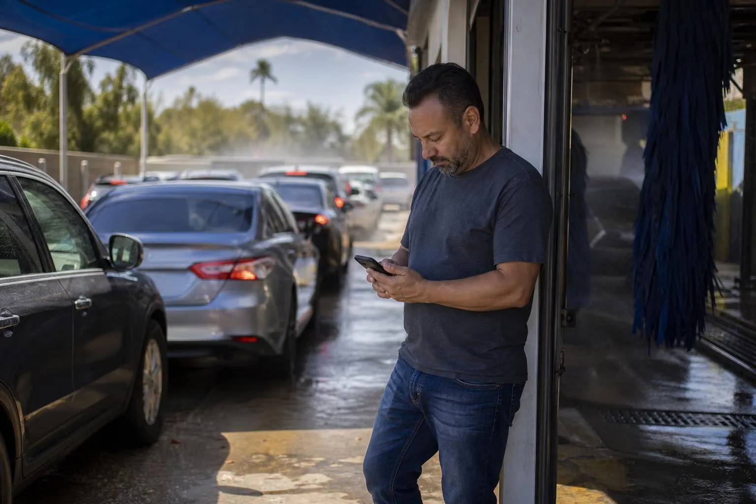 A car wash owner stands near the tunnel exit checking his phone as a line of cars waits under the entrance canopy.