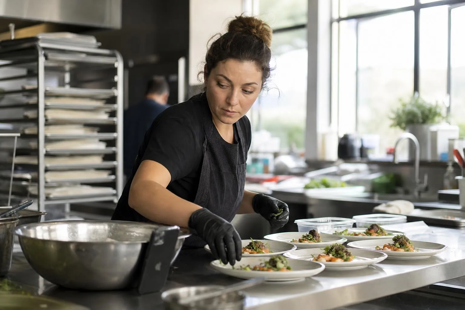 A caterer plates hors d'oeuvres in a bright commercial kitchen while checking her phone for a new inquiry propped against a mixing bowl.