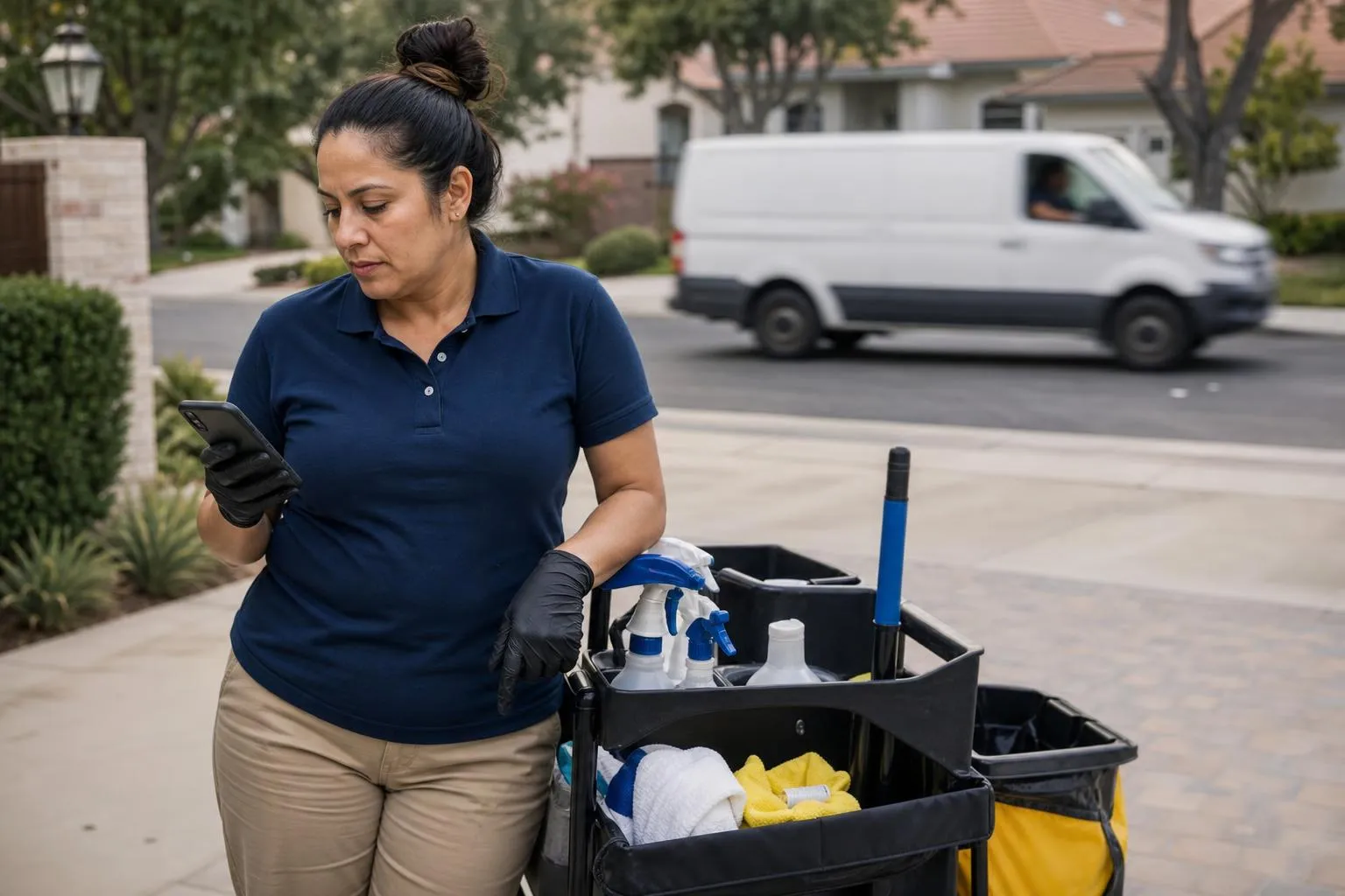 A cleaning company owner stands beside her supply cart in a client's driveway checking her phone while a competitor's van drives past on a quiet residential street.