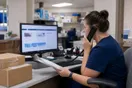 A logistics coordinator at a medical office reviews two courier company websites on a desktop monitor while holding a phone.