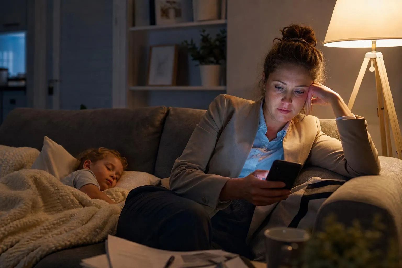 A mother sits on her couch late at night scrolling a daycare website on her phone while her toddler sleeps beside her.