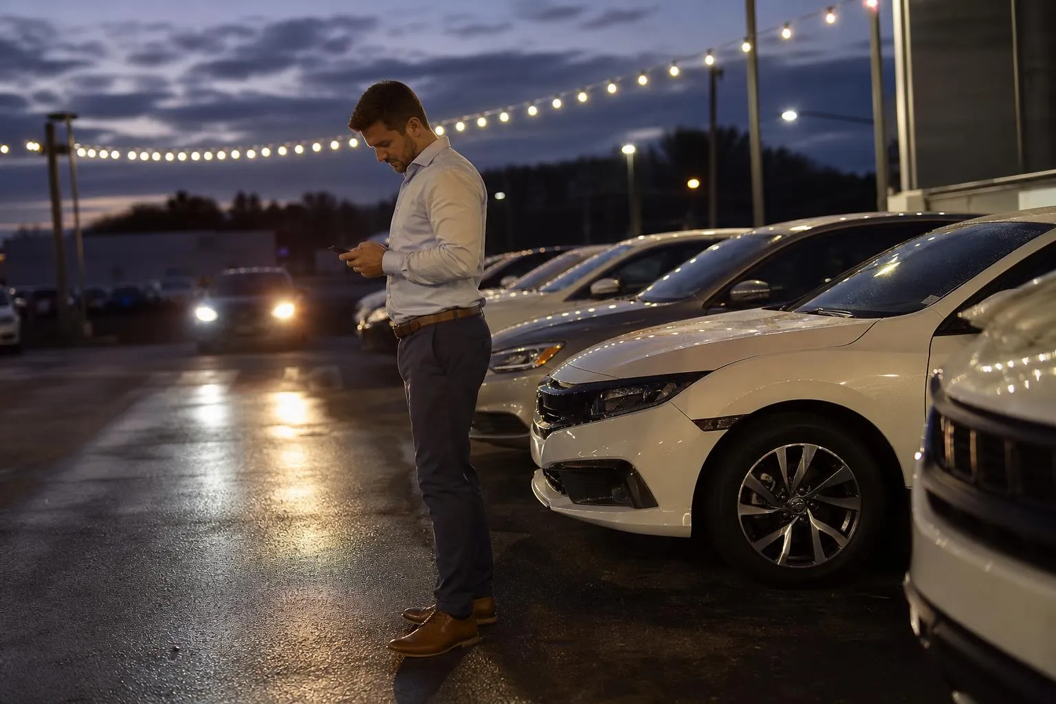 A car salesman stands on an evening dealership lot checking his phone beside a row of sedans, headlights from a passing car sweeping across the pavement.