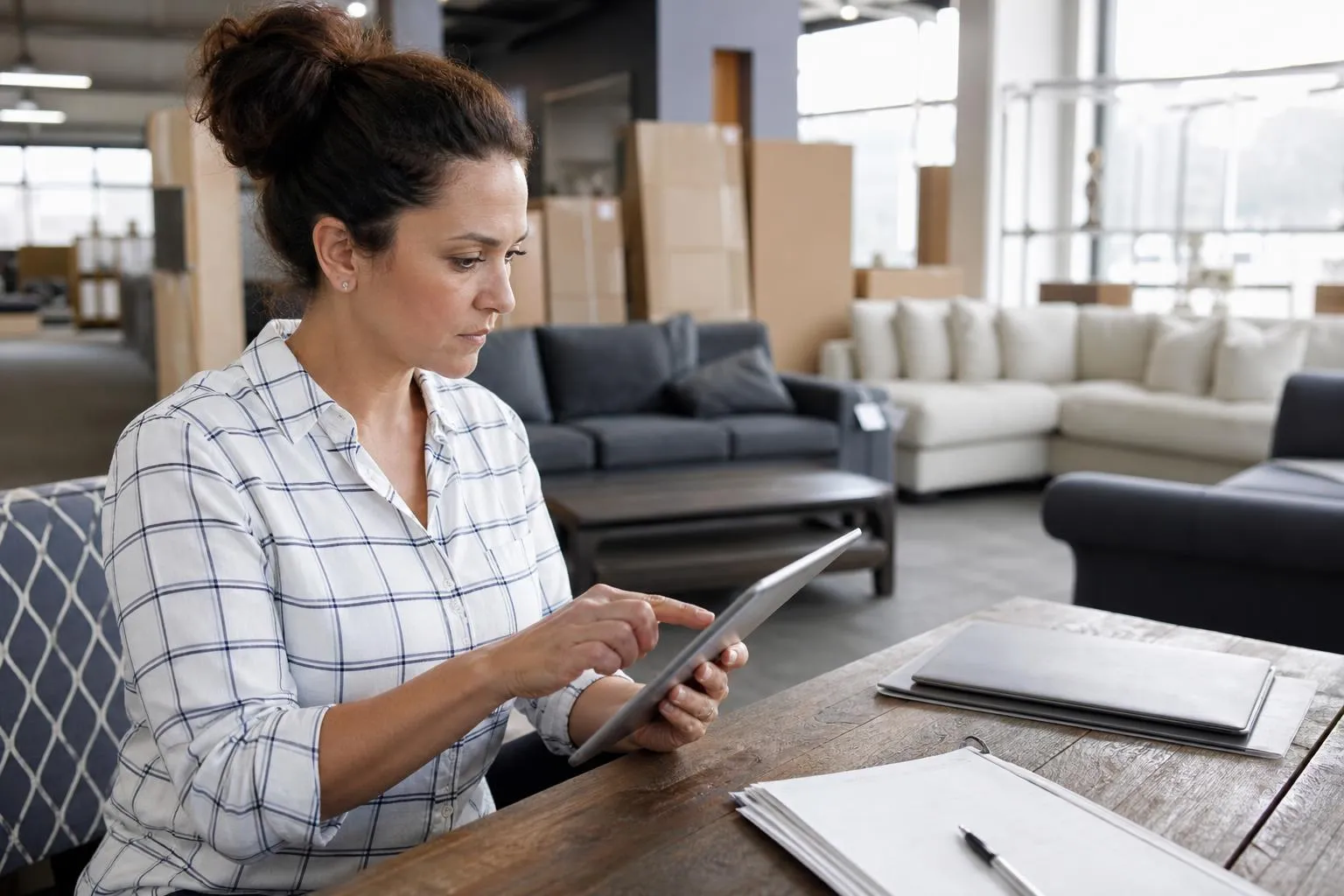 A small business owner in a furniture showroom reviews a delivery company's website on a tablet before signing a contract.