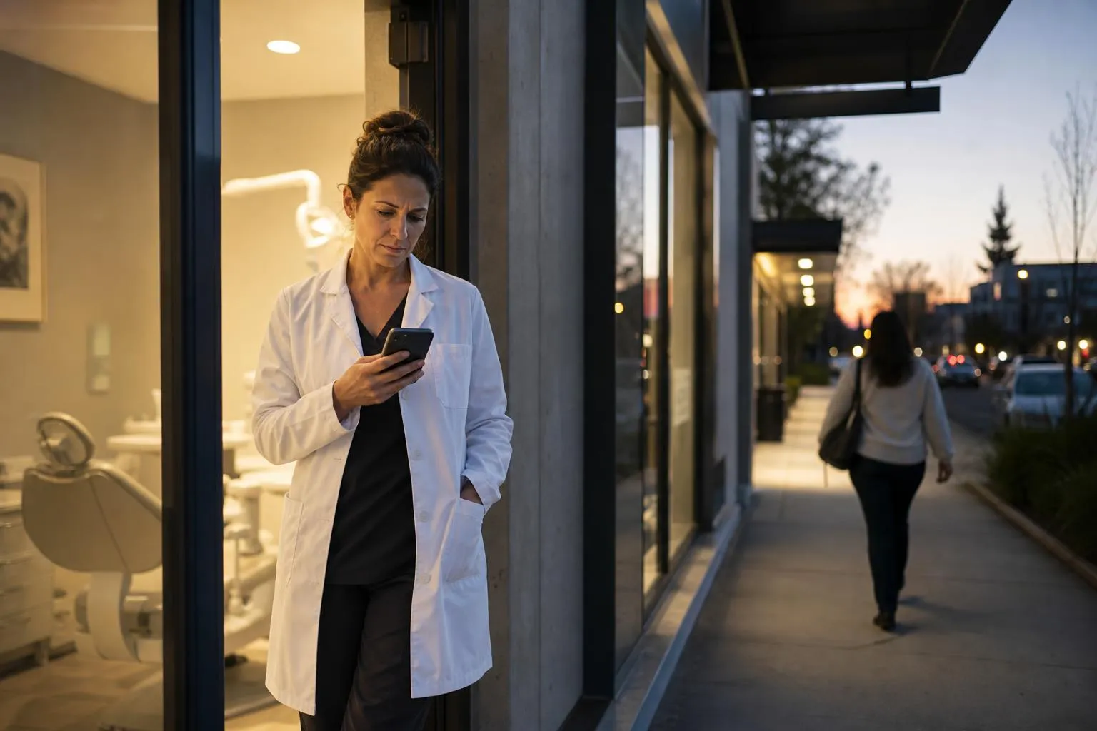 A dentist stands in the doorway of a modern dental office checking her phone at closing time while a patient walks past toward a competing practice down the block.