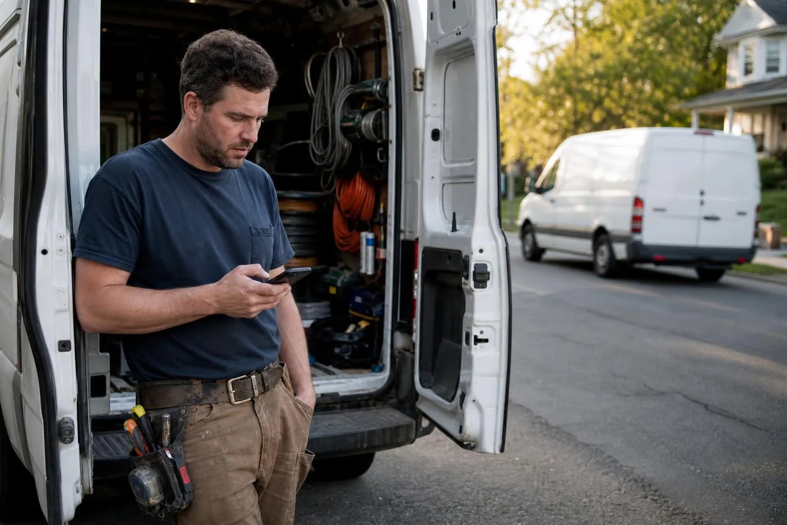 An electrician stands beside the open cargo doors of his work van on an American suburban street in late afternoon light, checking his phone while a competitor's van pulls away down the block.