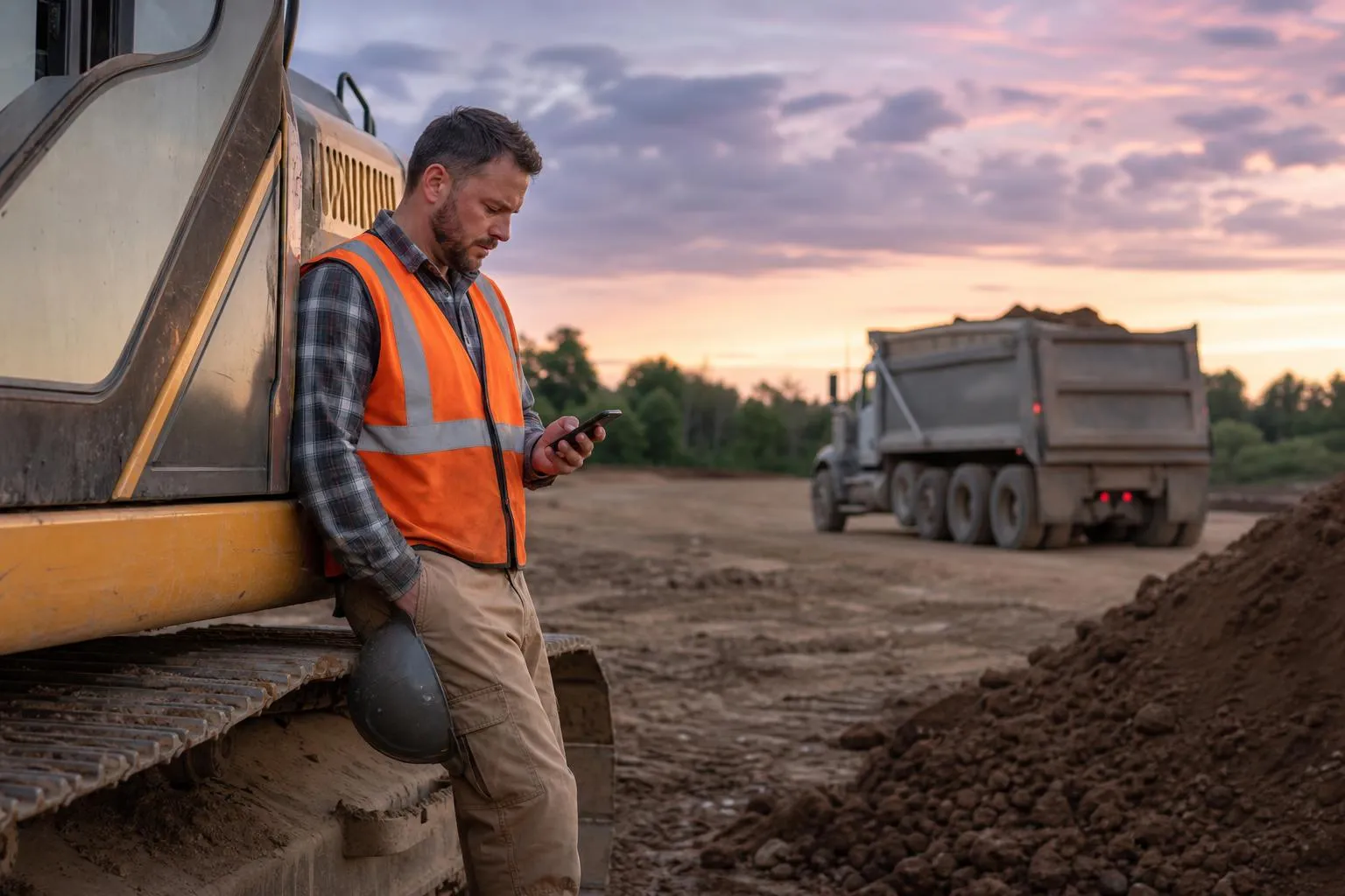 An excavation contractor stands next to a parked track excavator on a job site at dusk, checking his phone while a competitor's dump truck pulls out of a nearby lot.