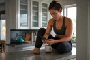 A woman sits on her kitchen counter in workout clothes comparing two gym websites on her phone before a morning class.