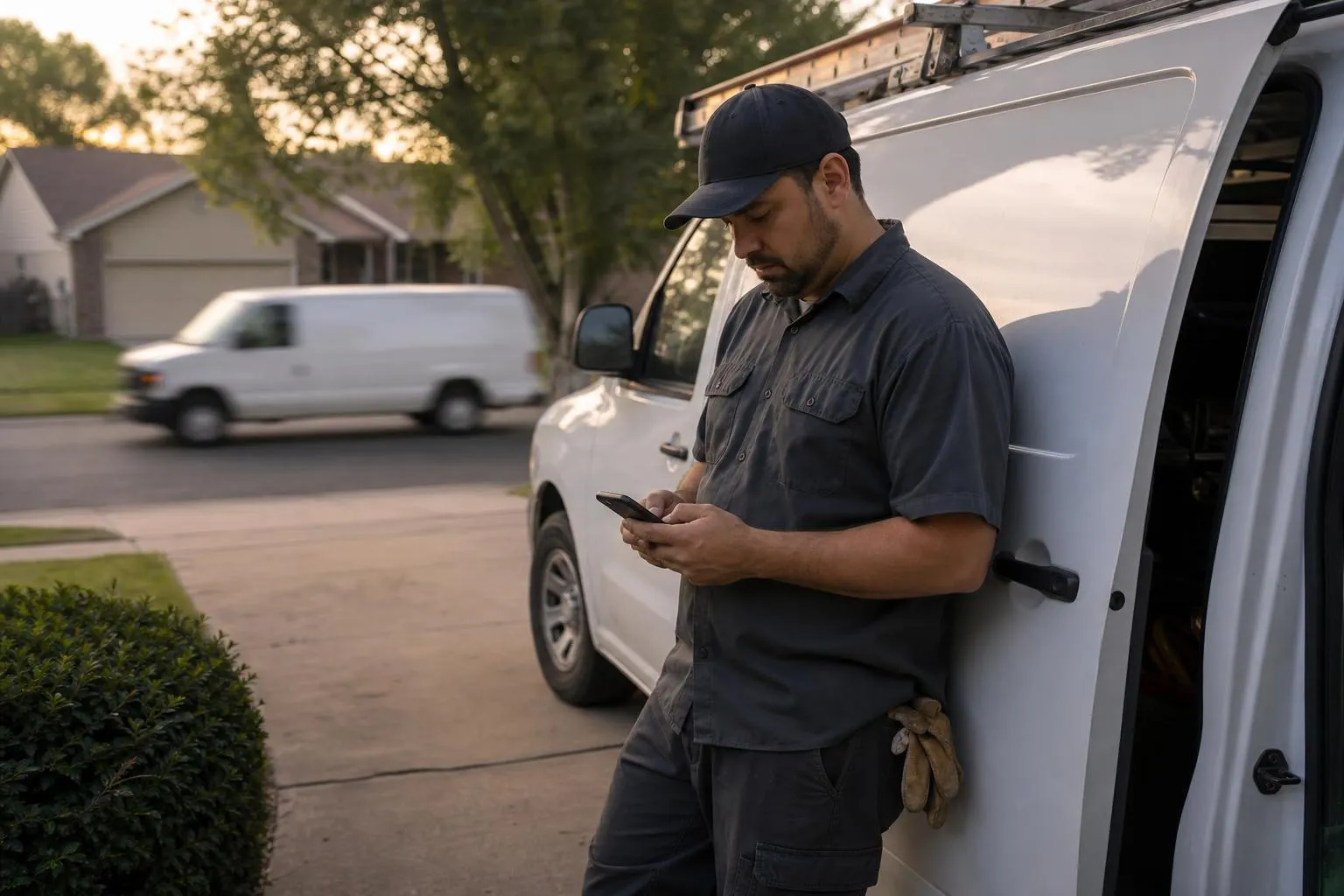 An HVAC technician stands beside his service van in a suburban driveway, checking his phone while a competitor's van drives past.